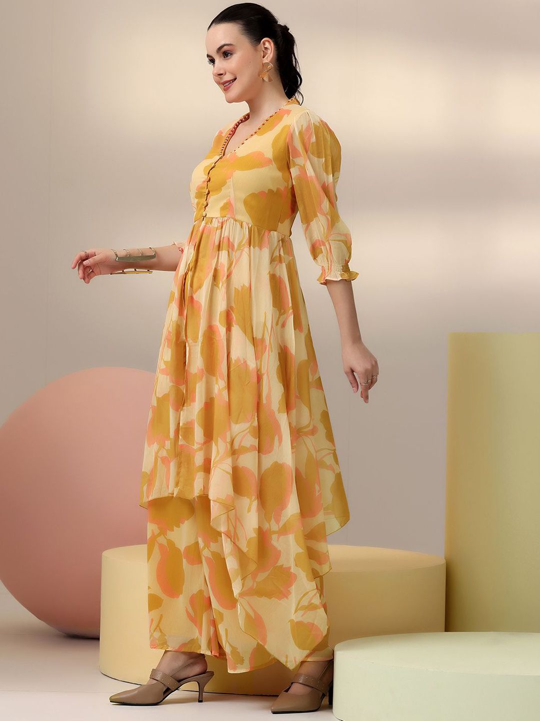 Libas Beige Floral Printed V-Neck Tunic with Palazzo