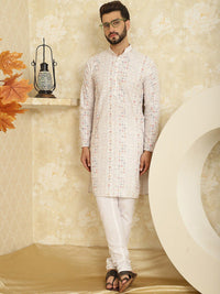 SOJANYA Ethnic Motifs Embroidered Band Collar Pure Cotton Kurta With Churidar
