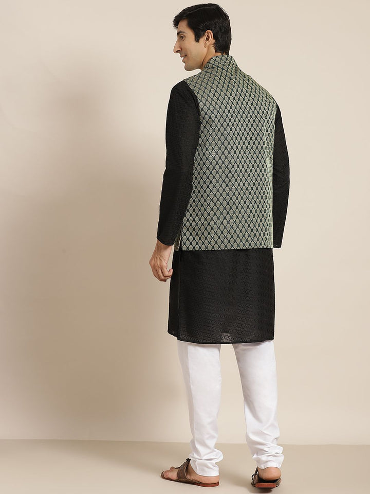 SOJANYA Men Black Ethnic Motifs Chikankari Pure Cotton Kurta with Churidar & Nehru Jacket