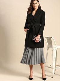 all about you Luxe Collection Women Black Solid Double Breasted Longline Trench Coat