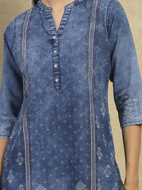 House of Chikankari Women Blue Denim Hand Embellished Kurta