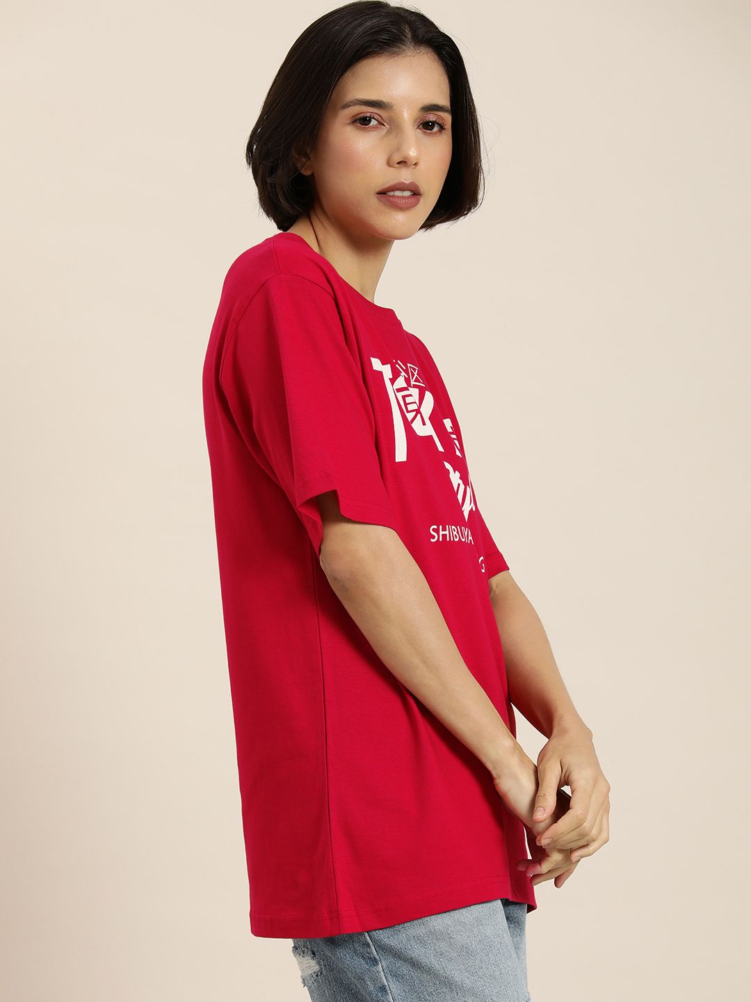 DILLINGER Women Red & White Typography Printed Pure Cotton Oversized T-shirt