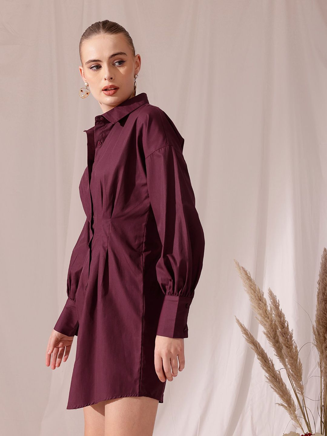 STREET 9 Spread Collar Pleated Pure Cotton Shirt Mini Dress