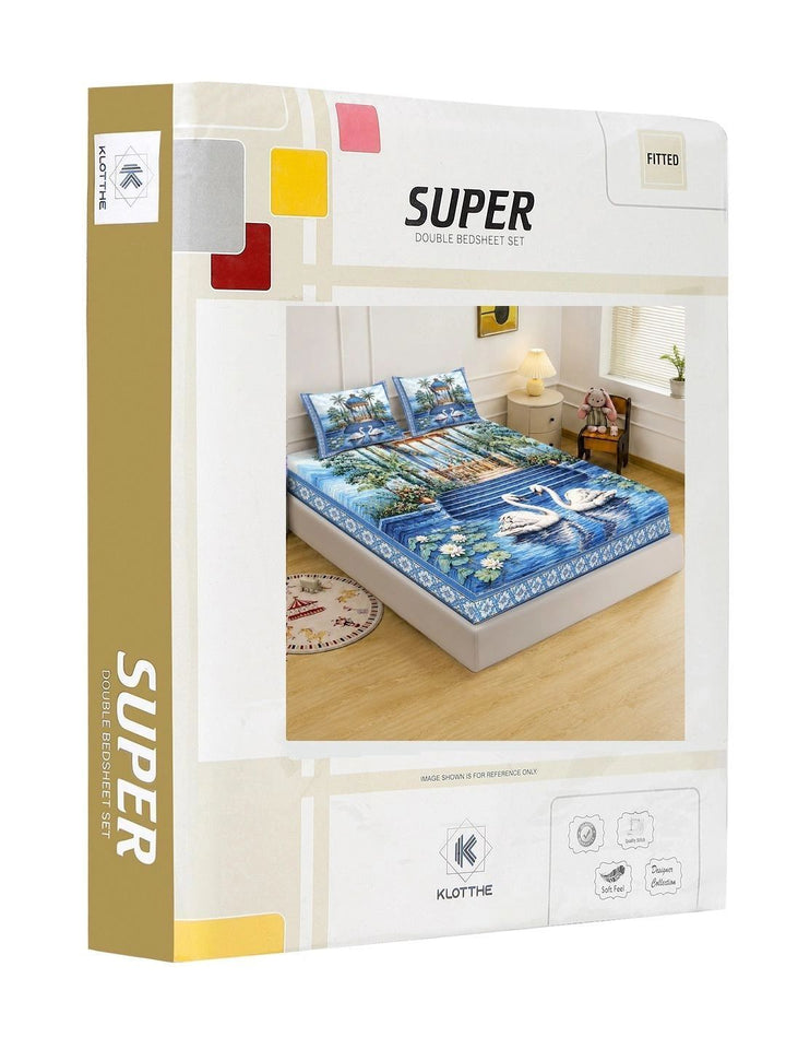 KLOTTHE Biru & Putih Floral 400 TC Cadar King dengan 2 Sarung Bantal