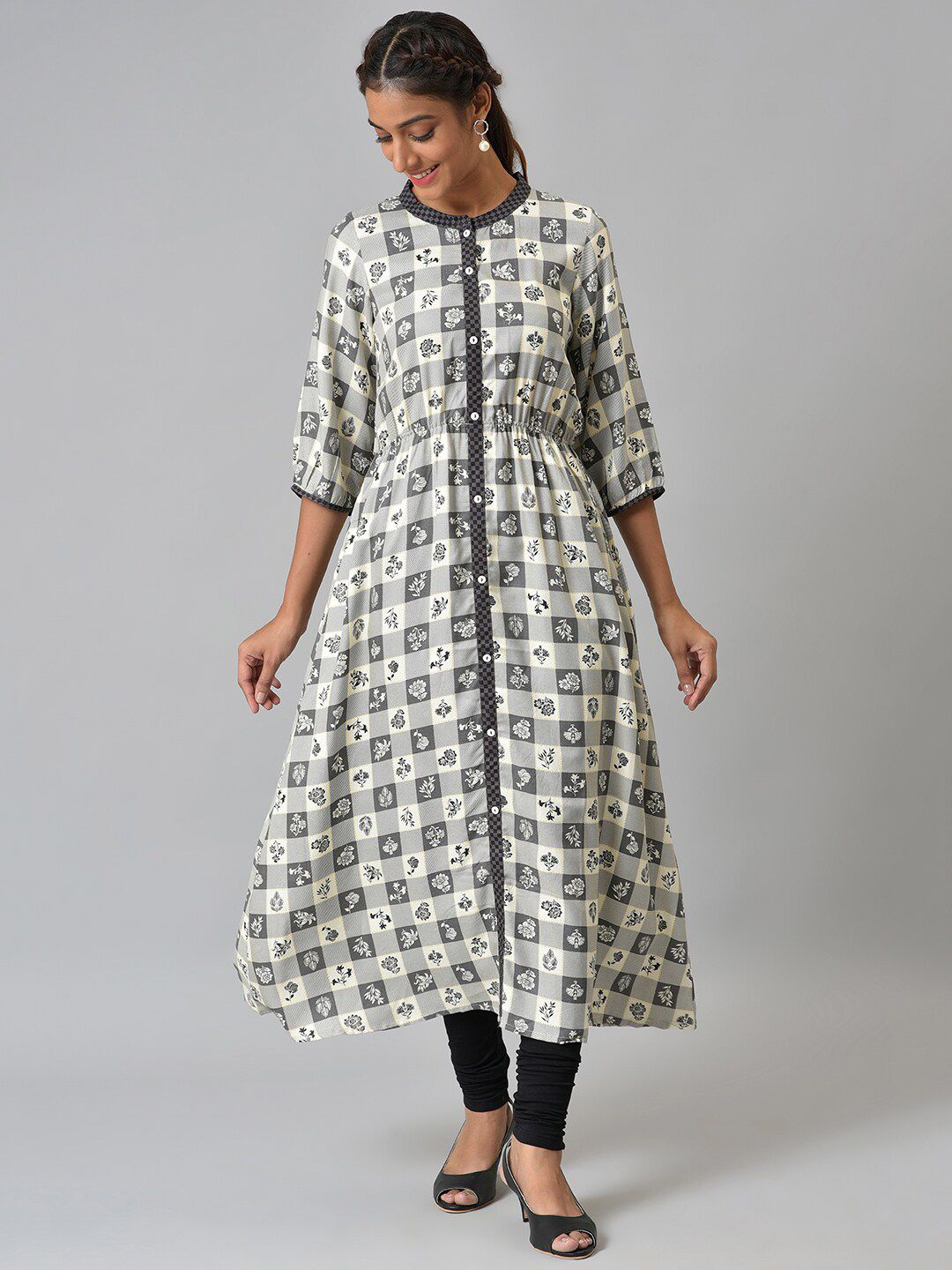 AURELIA Women Grey Ethnic Motifs Printed Anarkali Kurta