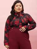 Berrylush Curve Plus Size Black Floral Printed Tie-Up Neck Top