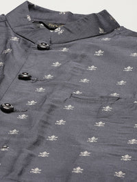 SOJANYA Lelaki Navy Blue Ethnic Chikankari Pure Cotton Kurta with Churidar & Nehru Jacket