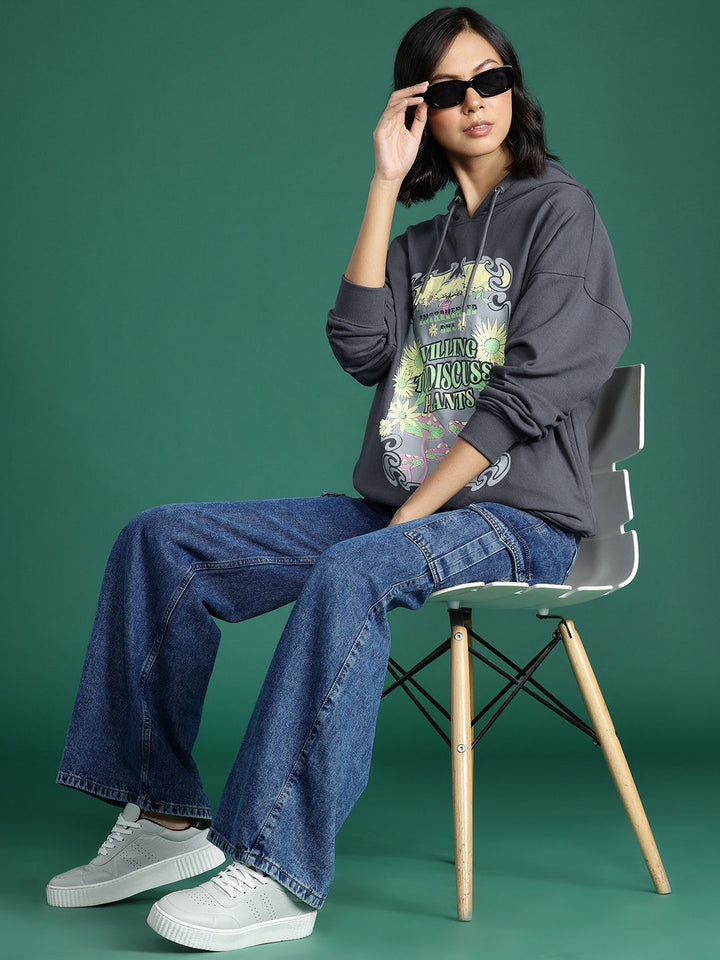DressBerry Conversational Printed Drop-Shoulder Sleeve Hooded Sweatshirt