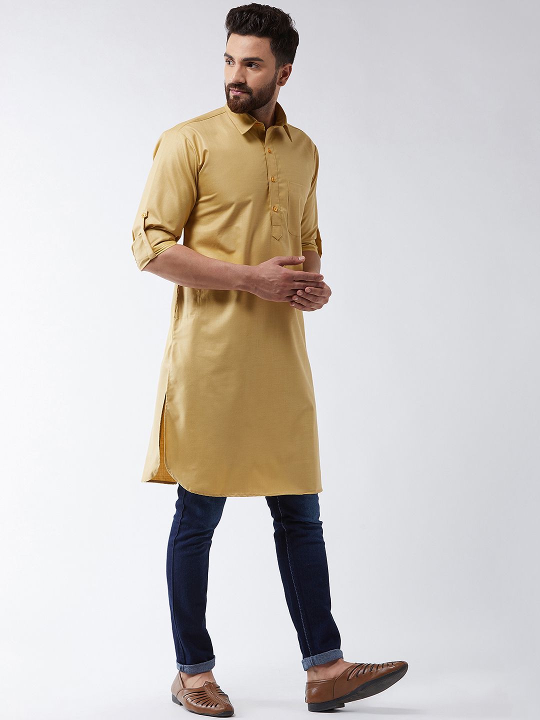 SOJANYA Men Gold-Toned Solid Pathani Kurta