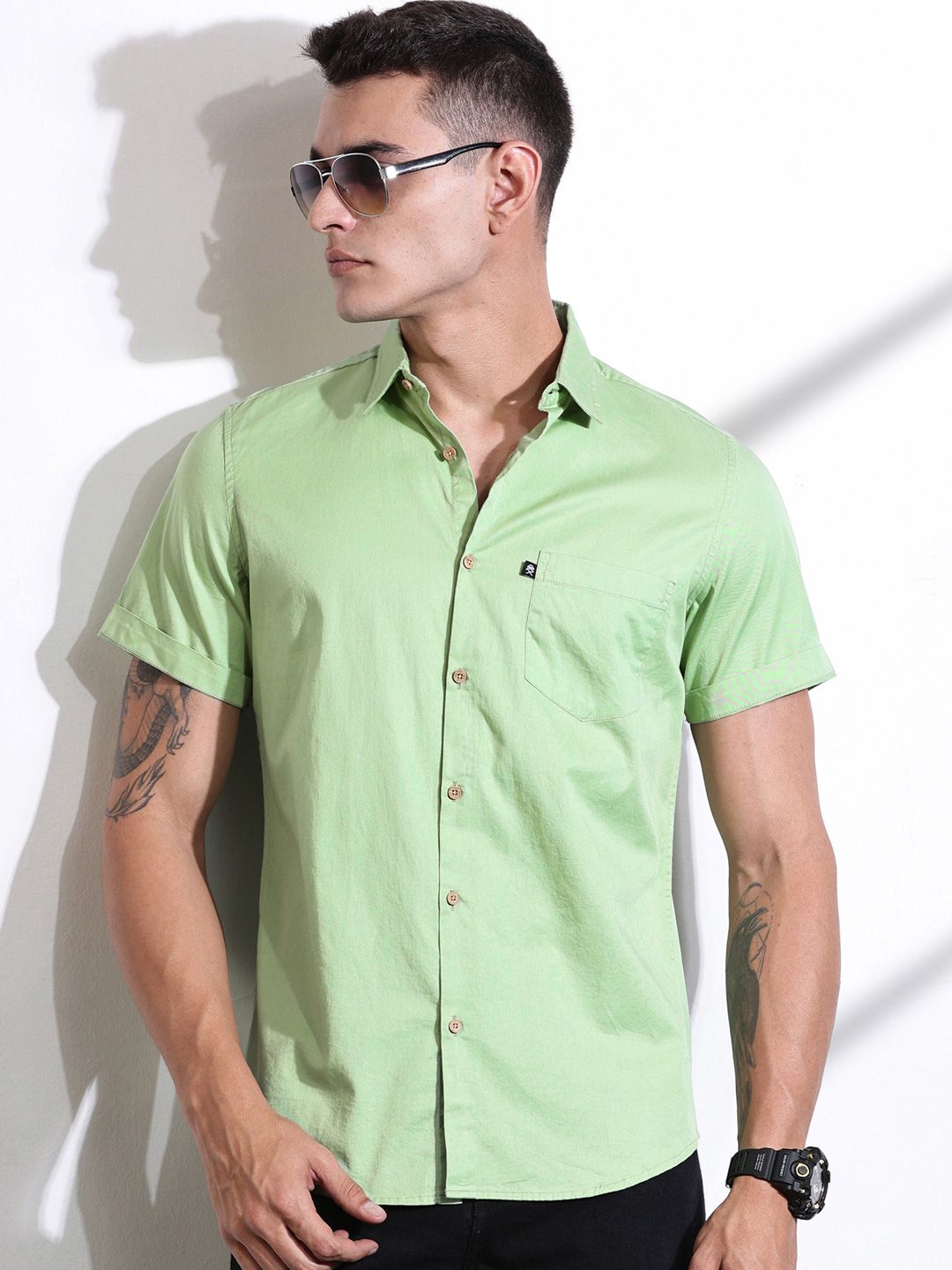 Thomas Scott Men Classic Slim Fit Spread Collar Solid Cotton Casual Shirt