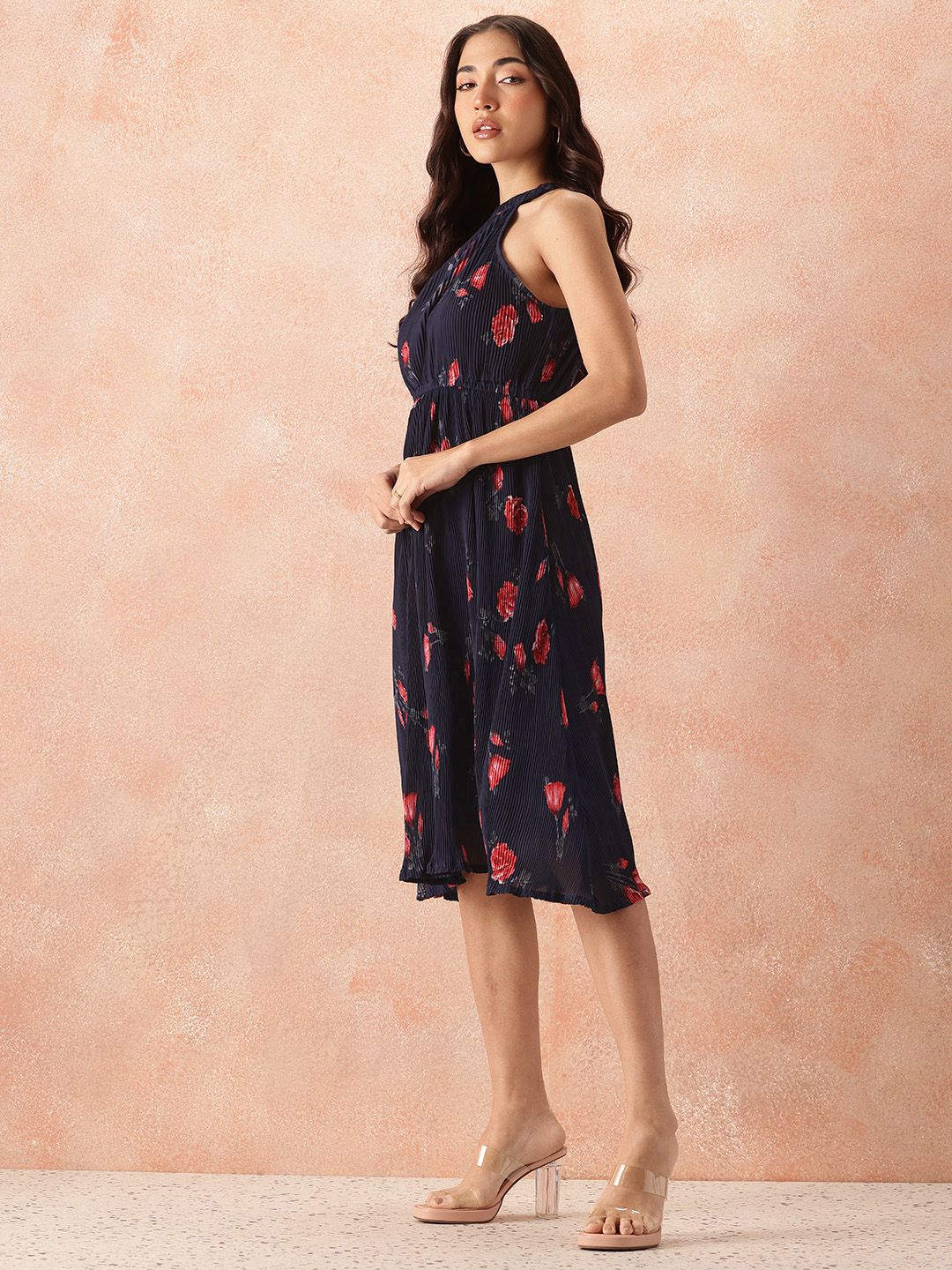 all about you Floral Print Halter Neck Accordion Pleats Fit & Flare Midi Dress