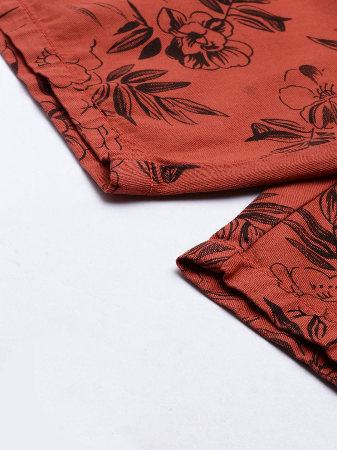 The Indian Garage Co Men Rust Floral Printed Slim Fit Regular Shorts