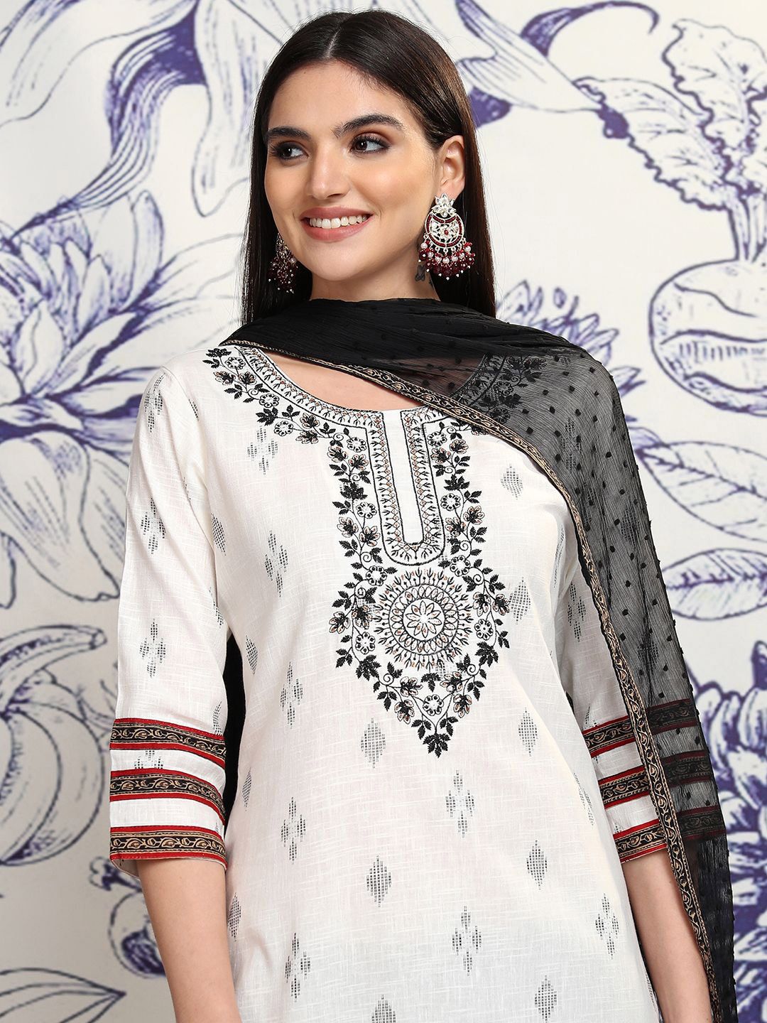 Vishudh Ethnic Motifs Embroidered Thread Work Pure Cotton Kurta with Trousers & Dupatta