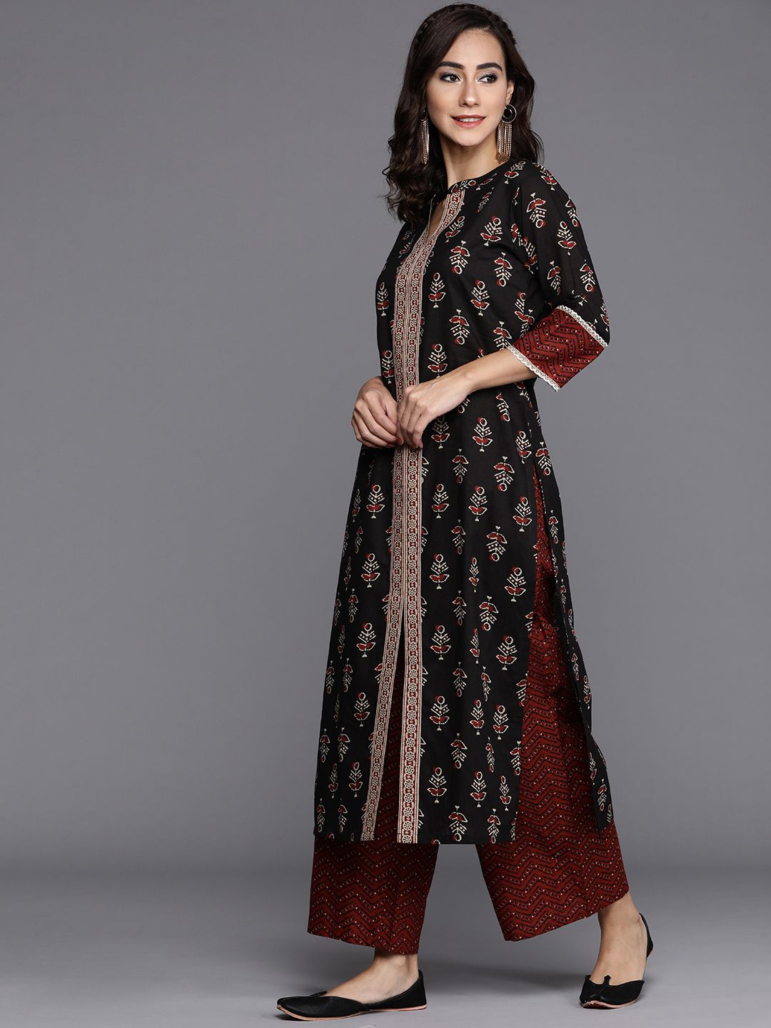 Libas Women Black Pure Cotton Ethnic Motifs Printed Kurta with Palazzos & Dupatta