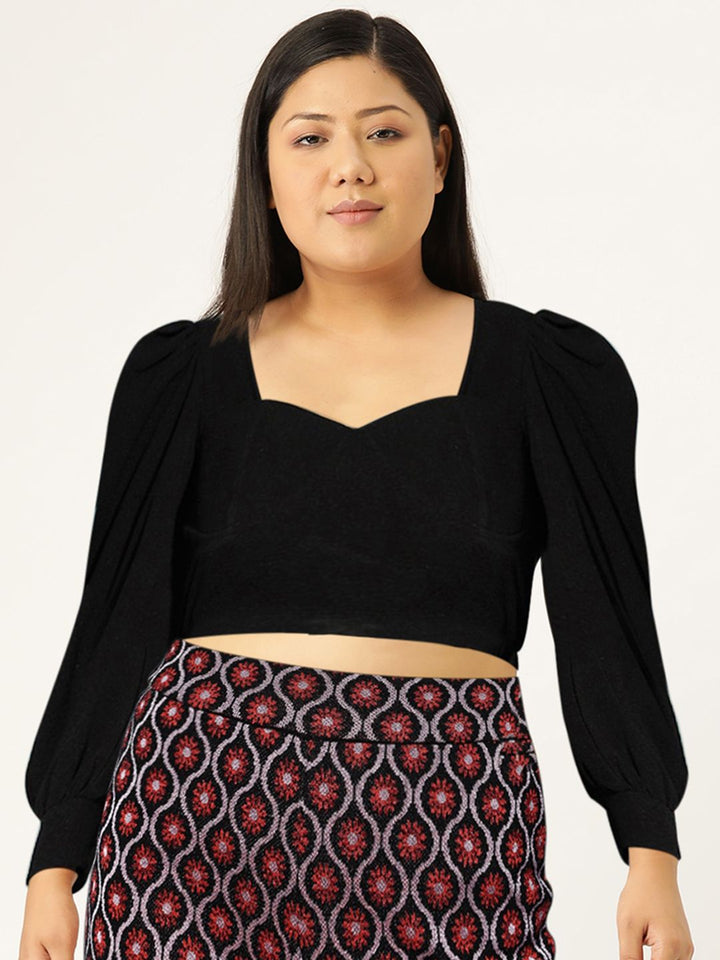 Berrylush Black Sweetheart Neck Bishop Sleeves Crepe Crop Top
