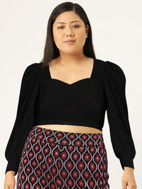 Berrylush Black Sweetheart Neck Bishop Sleeves Crepe Crop Top