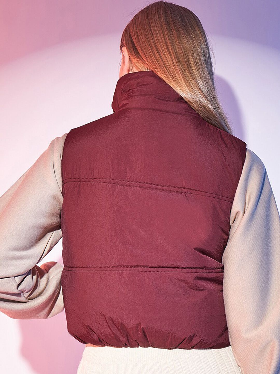 STREET 9 Maroon Stand Collar Lightweight Sleeveless Crop Puffer Jacket