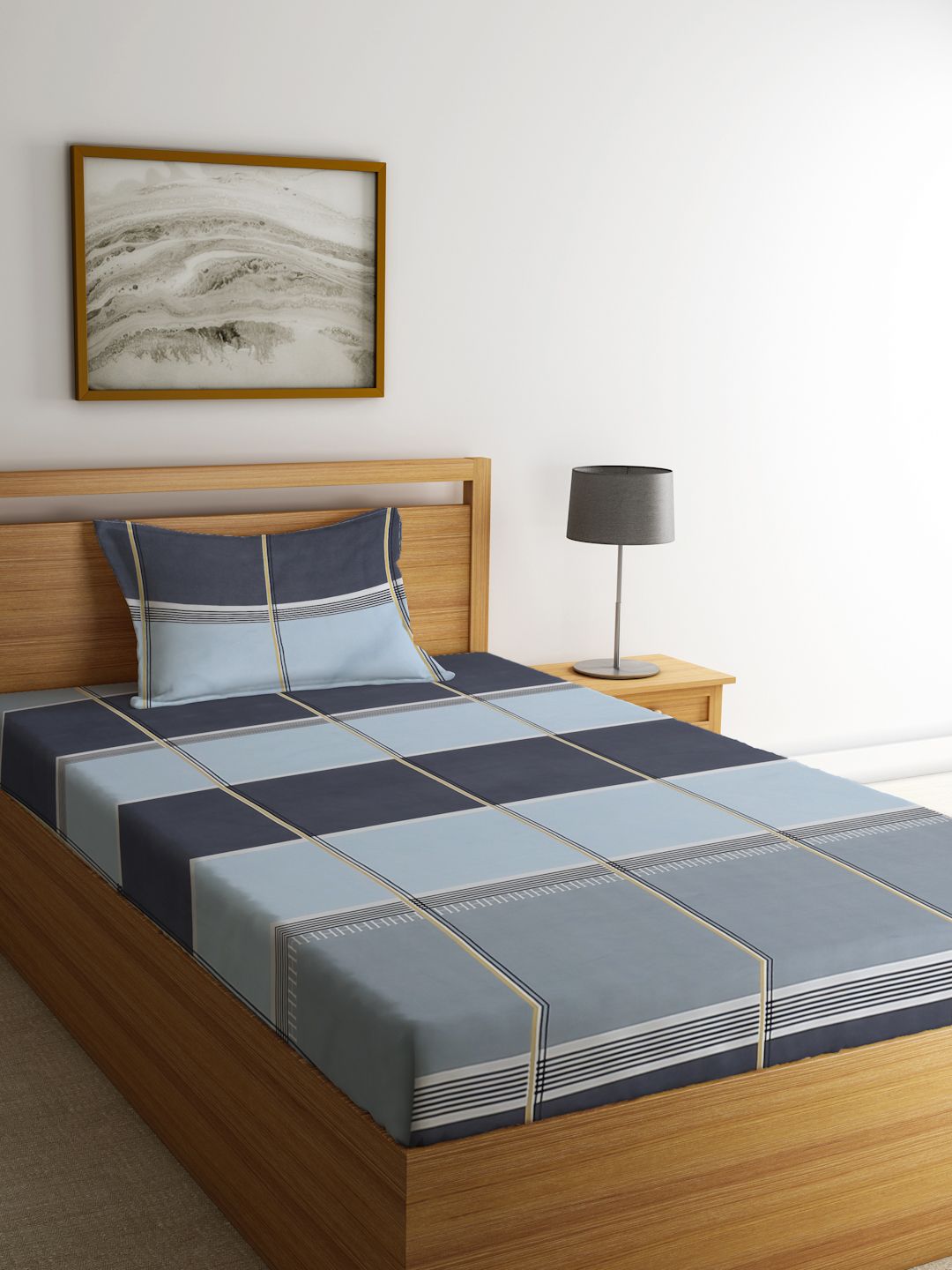 KLOTTHE Blue Checked Cotton 300 TC Fitted Single Fine Bedsheet with a Pillow Cover-87 x 59 inches