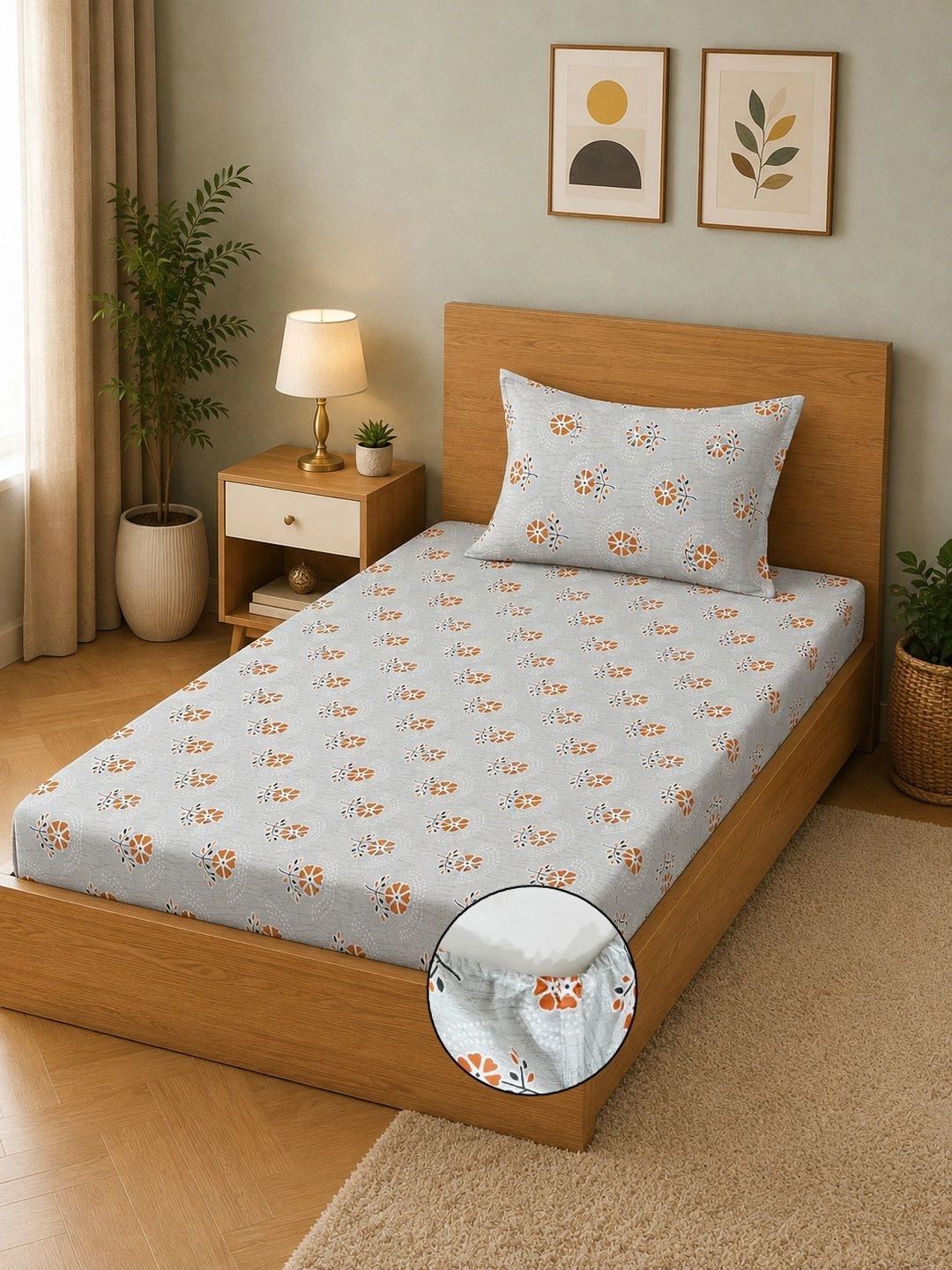 Moda Rapido X KLOTTHE Grey & Orange Floral 400 TC Single Bedsheet with 1 Pillow Covers