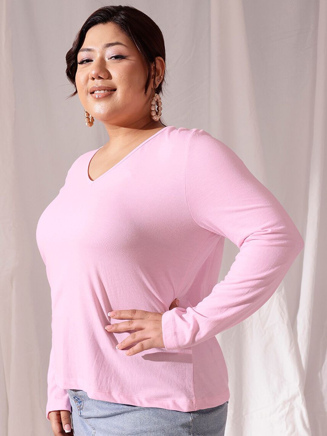 CURVY STREET Plus Size V-Neck Cotton T-shirt