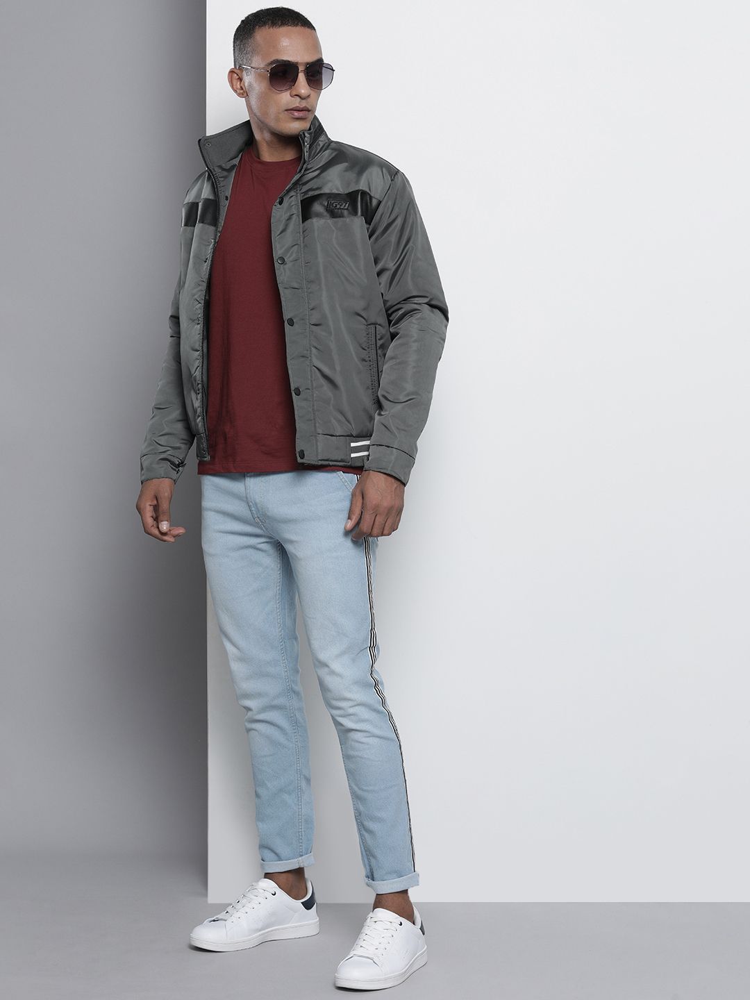 The Indian Garage Co Men Slim Fit Bomber Jacket with Insert Pockets