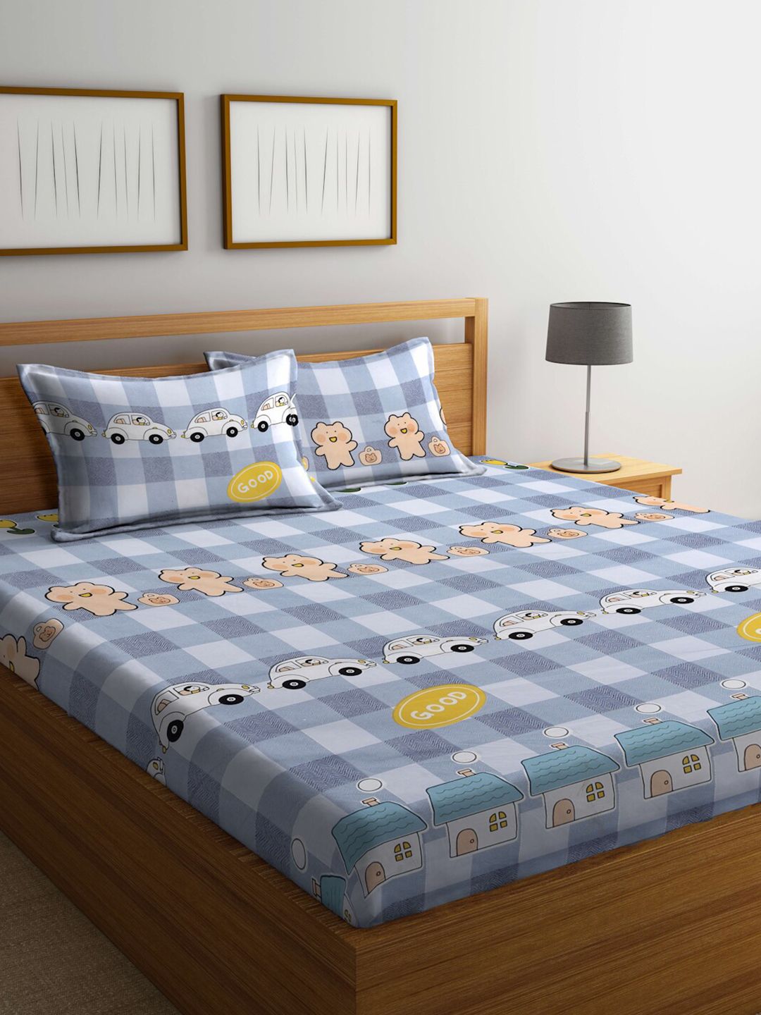 KLOTTHE Blue Conversational Polycotton 300 TC Dilengkapi Cadar King dengan 2 Sarung Bantal-98 x 89 inci