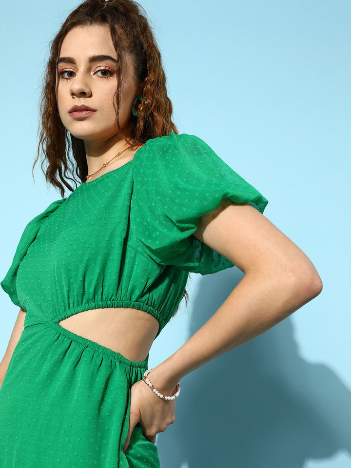 Antheaa Self Design Puff Sleeve Chiffon Fit & Flare Mini Dress