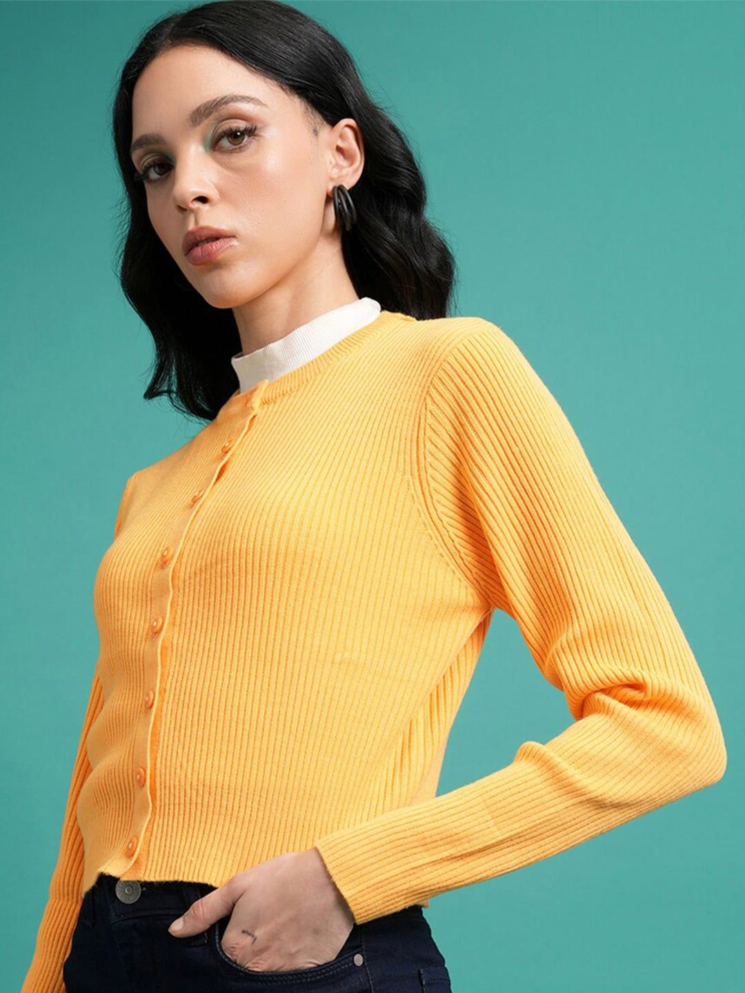 Tokyo Talkies Yellow Ribbed Acrylic Crop Cardigan Sweater