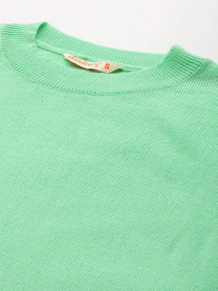 DressBerry Women Green Solid Puff Sleeve Pullover