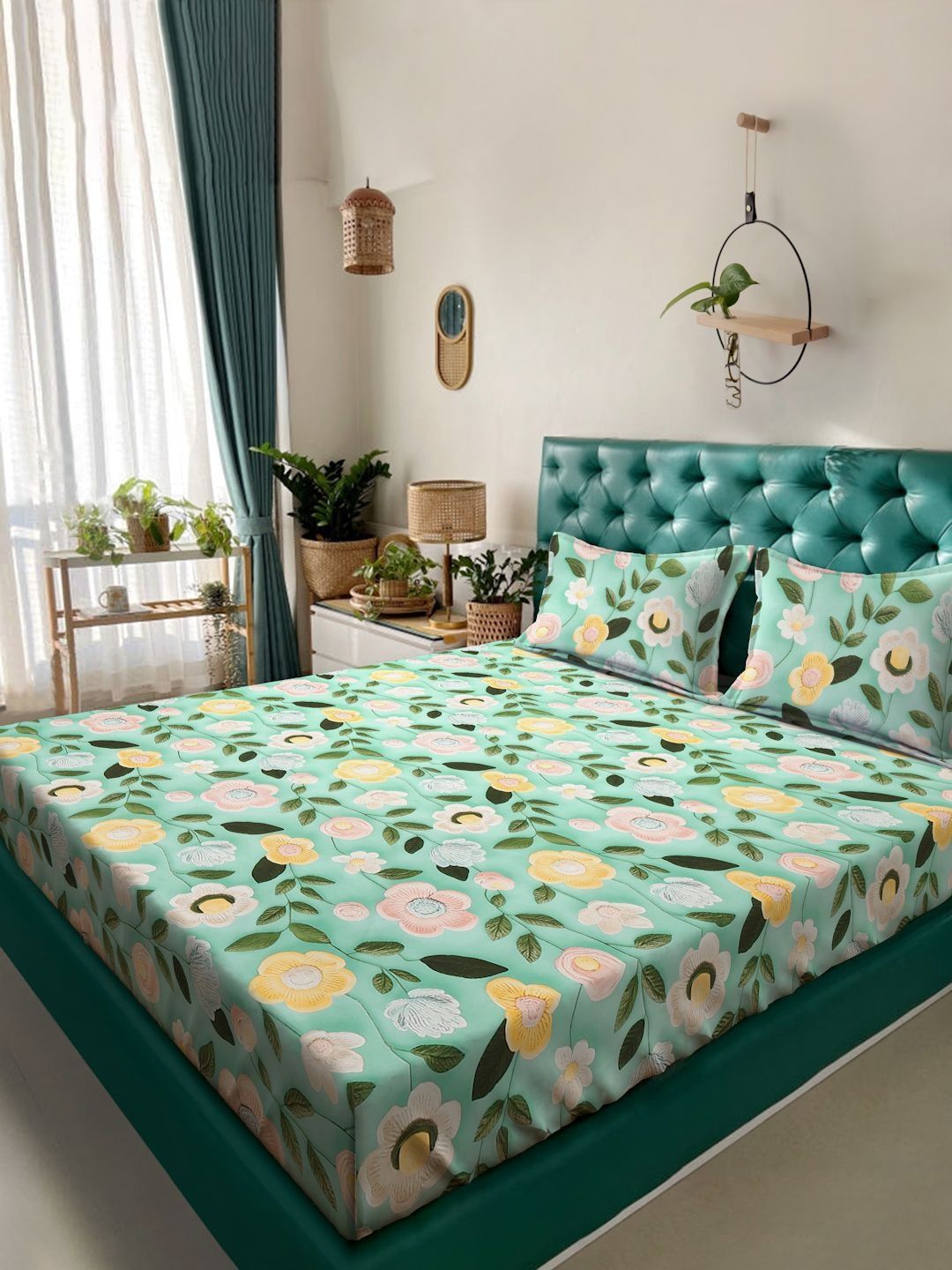 Myntra Elegant Homes Green Floral 300 TC King Cadar dengan 2 Sarung Bantal