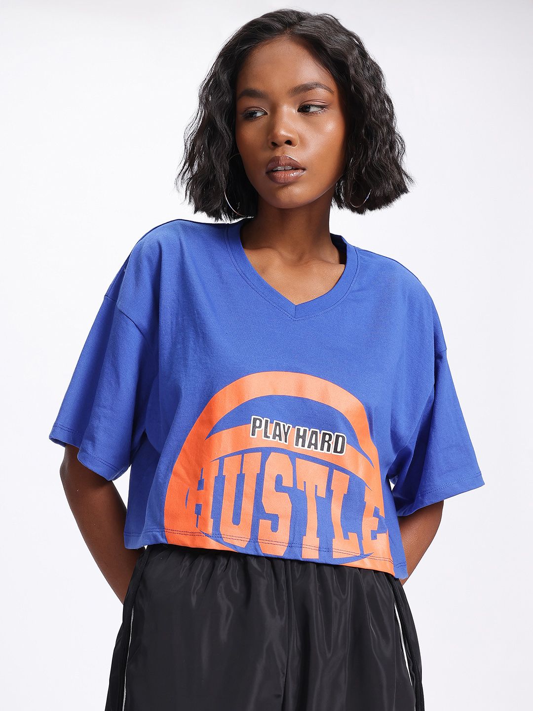 DressBerry Typo Trend Printed Drop-Shoulder Sleeves Crop Boxy T-shirt