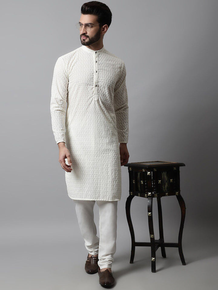 Jompers Men Cream-Coloured Geometric Thread Work Kurta