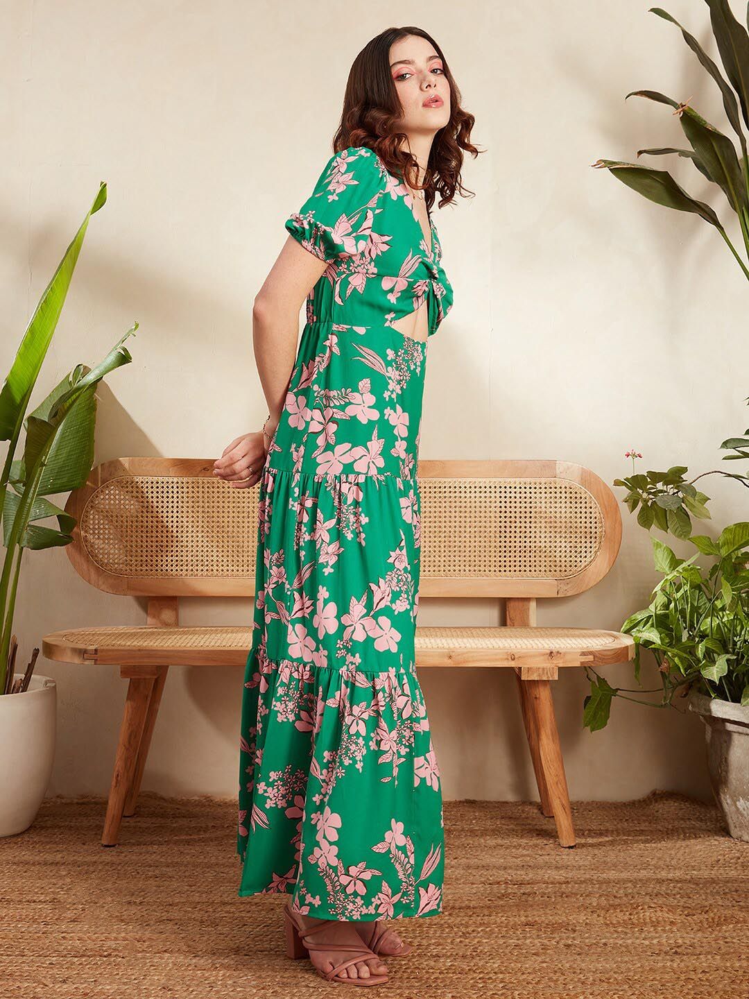 Berrylush Green Floral Printed V-Neck Puff Sleeve Cut Out Tiered Maxi Dress