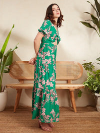 Berrylush Green Floral Printed V-Neck Puff Sleeve Cut Out Tiered Maxi Dress