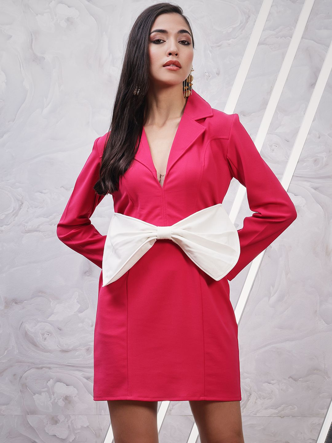 Athena Shirt Collar Opaque Fuchsia Bow Detailed dress