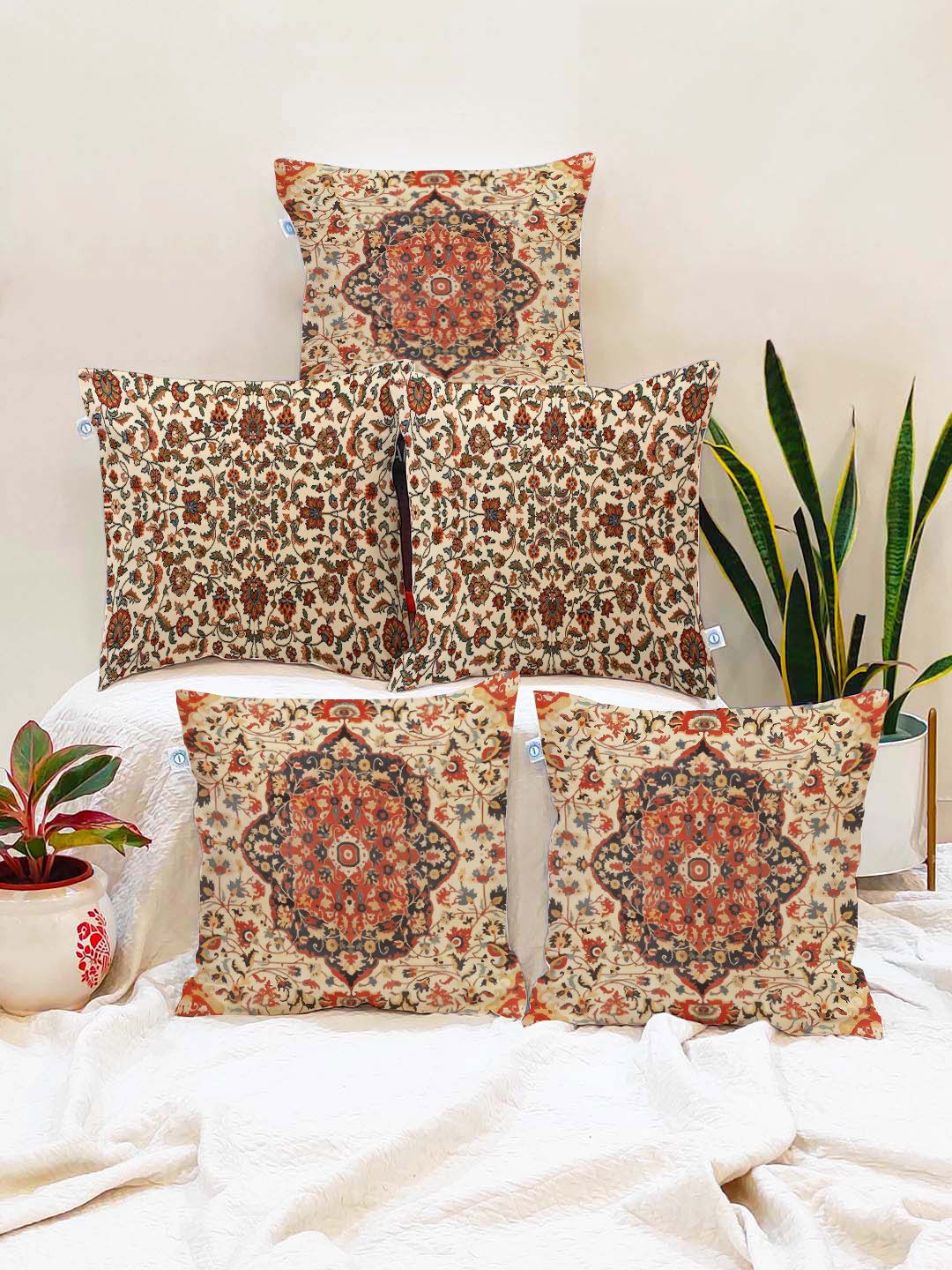 STITCHNEST Brown & Beige Set of 5 Floral Square Cushion Covers