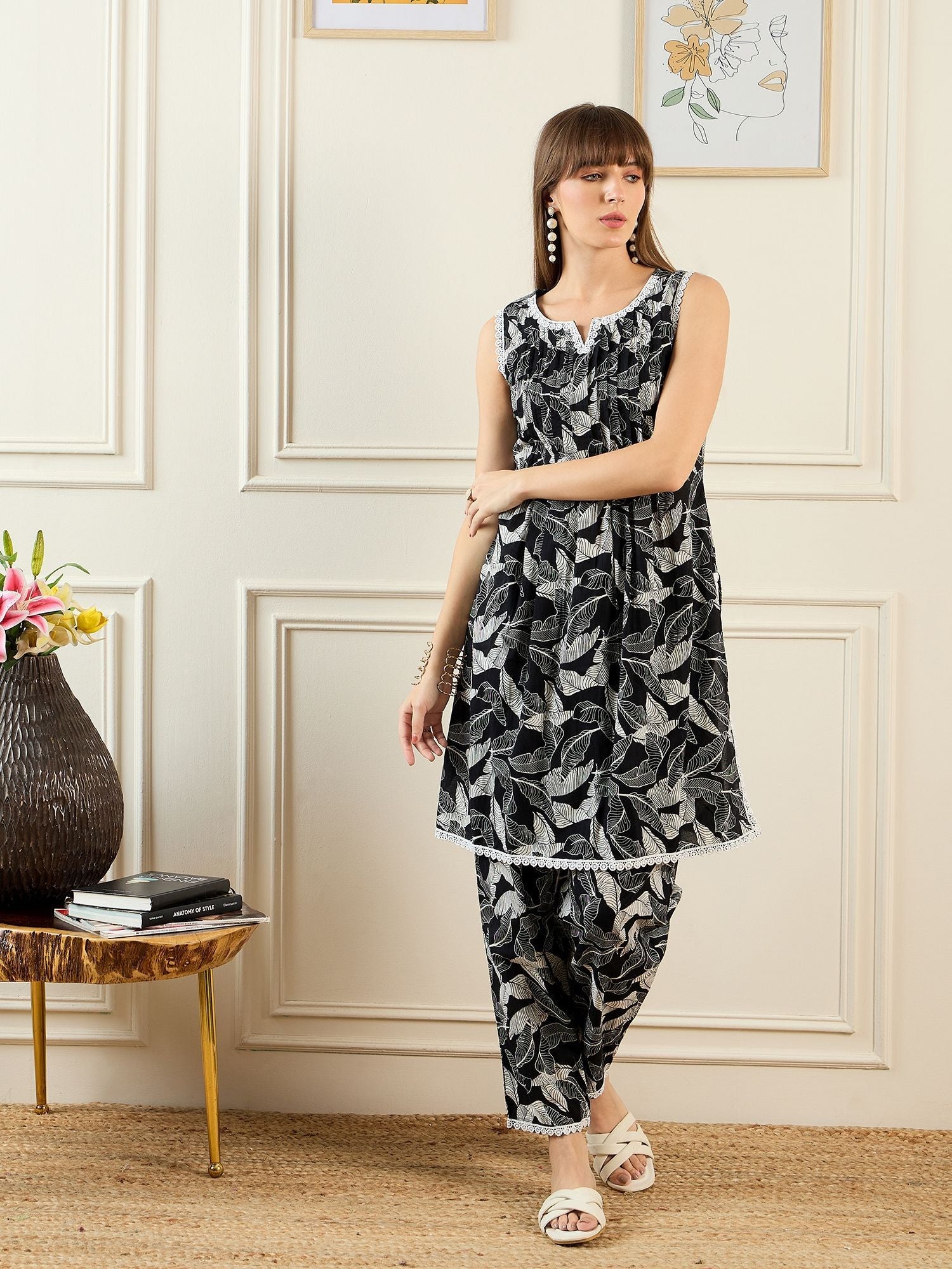 Indo Era Floral Printed Notch Neck Pure Cotton A-Line Kurta With Trouser