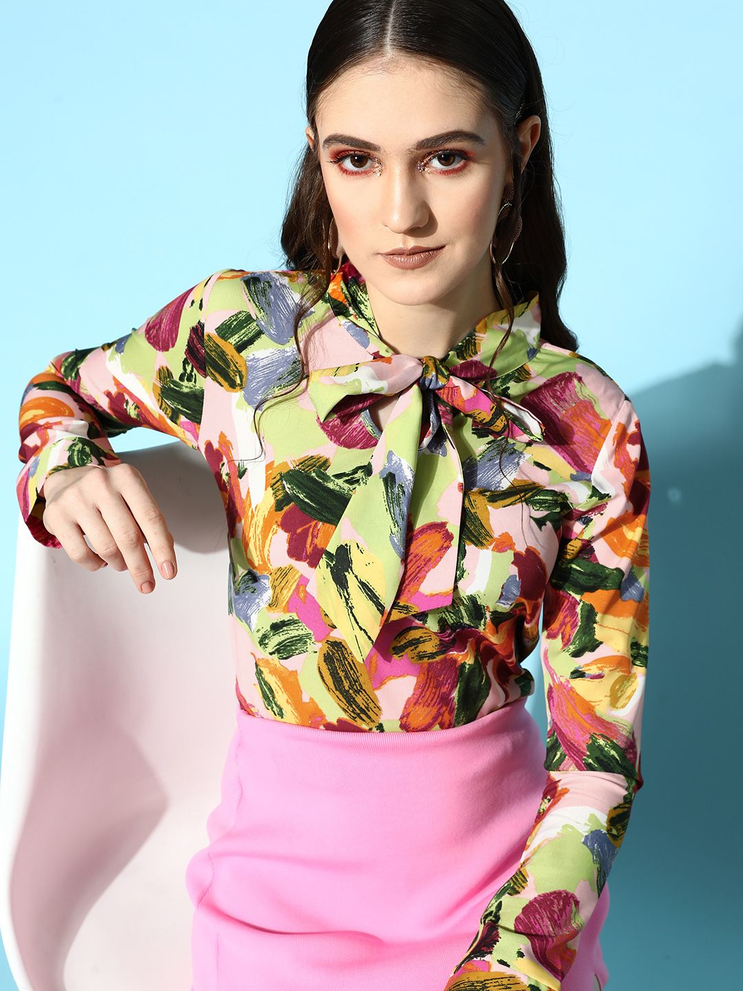 Berrylush Pink & Green Print Tie-Up Neck Crepe Top