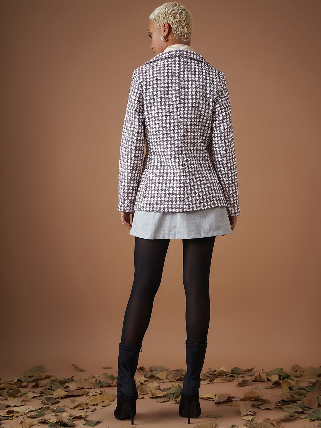 SASSAFRAS Burgundy Jacquard Tweed Peaked Lapel Long Sleeves Double-Breasted Casual Blazer