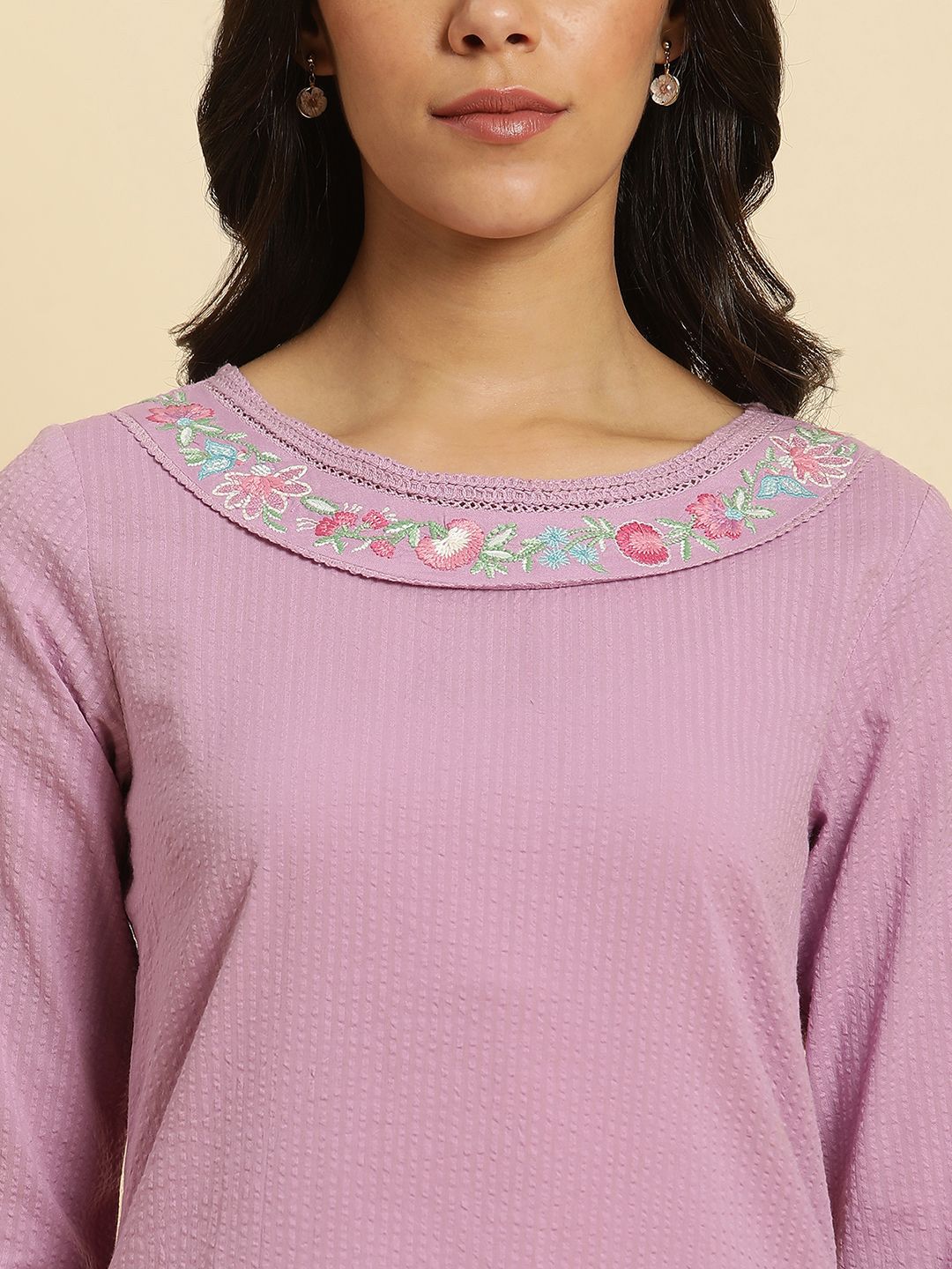 W Purple Thread Work Cotton Straight Kurta