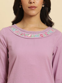 W Purple Thread Work Cotton Straight Kurta