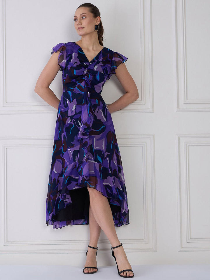 Antheaa Women Floral Print Flutter Sleeve Fit & Flare Midi Dress
