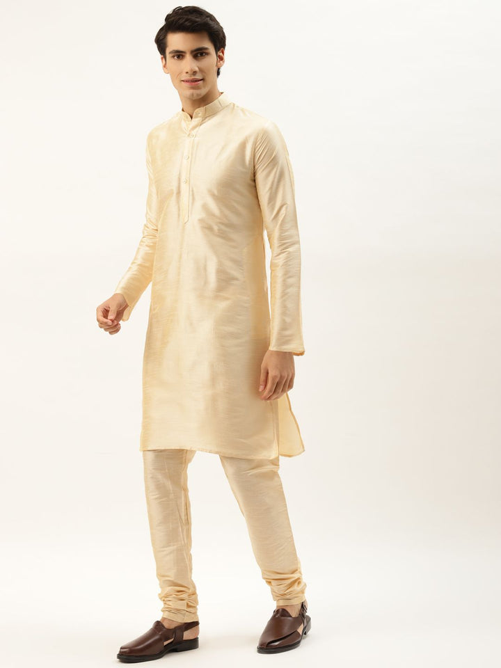 SOJANYA Men Golden Solid Kurta with Churidar & Nehru Jacket