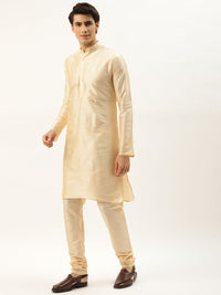 SOJANYA Men Golden Solid Kurta with Churidar & Nehru Jacket