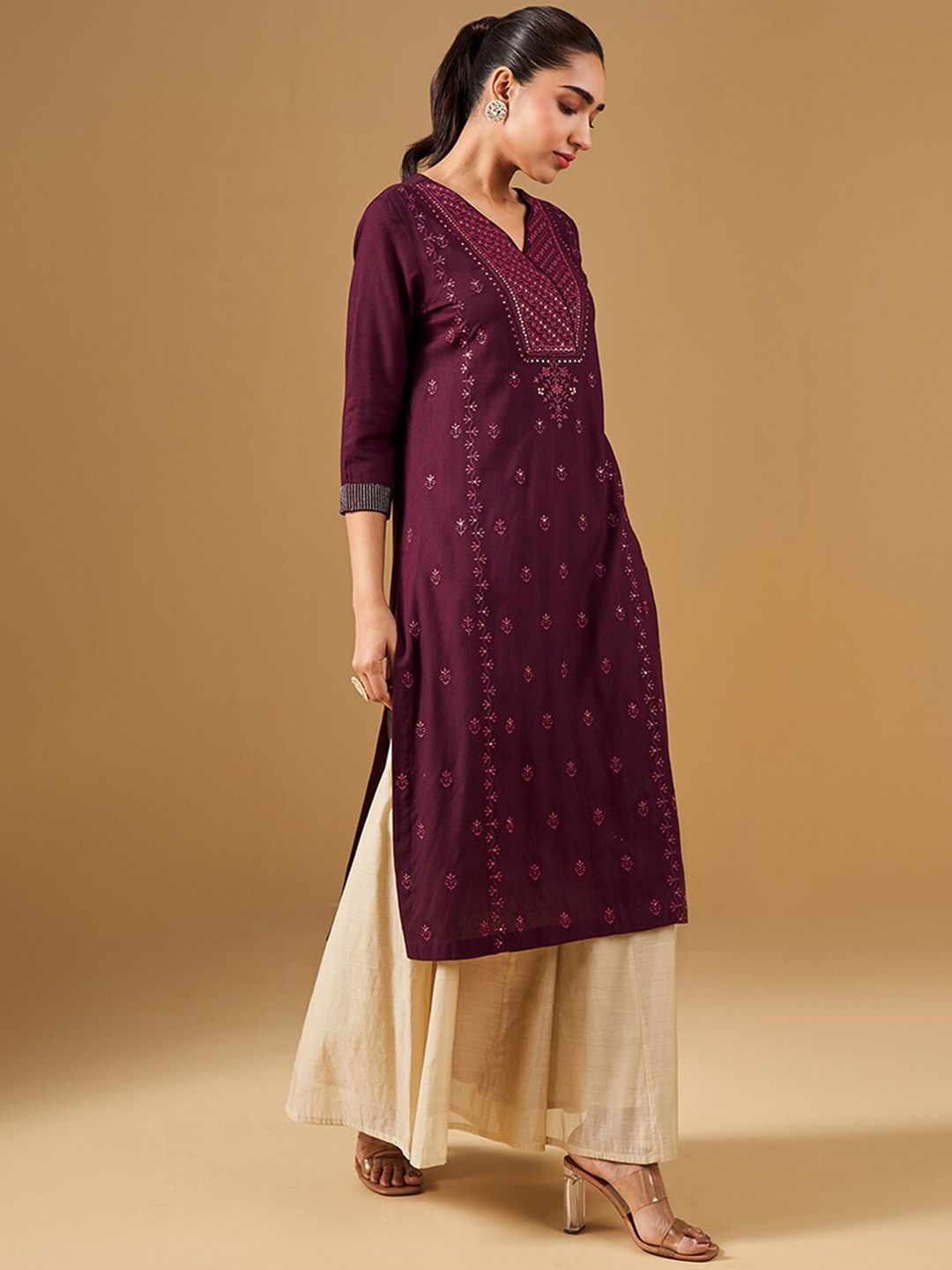 Global Desi Ethnic Motifs Printed V-Neck A-Line Kurta