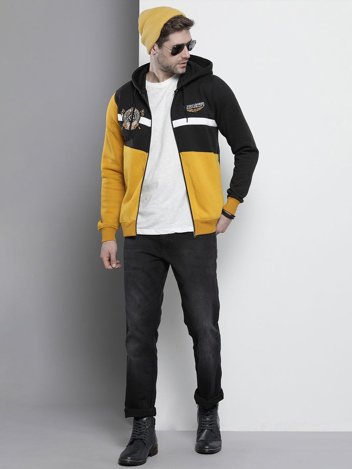 The Indian Garage Co Men Black & Yellow Colourblocked Hooded Sweatshirt