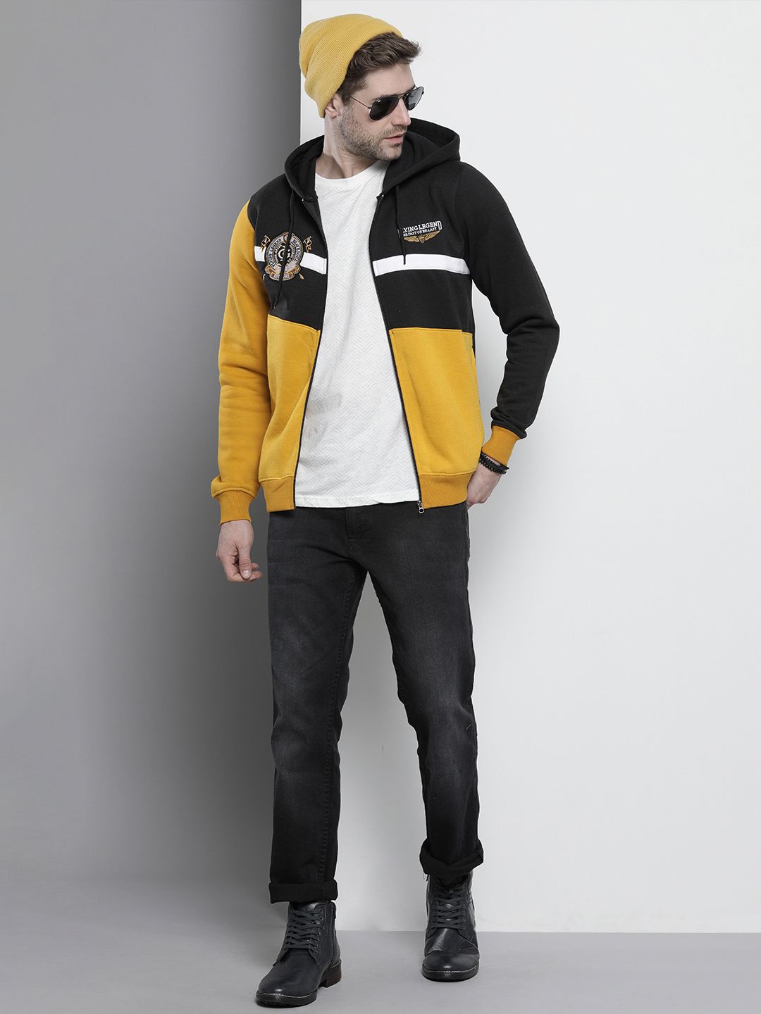 The Indian Garage Co Men Black & Yellow Colourblocked Hooded Sweatshirt