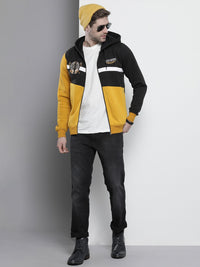 The Indian Garage Co Men Black & Yellow Colourblocked Hooded Sweatshirt