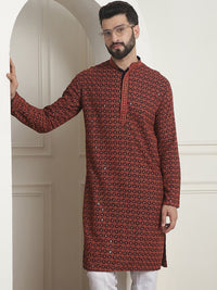 SOJANYA Kolar Mandarin Sulam Geometrik Lengan Panjang Kurta Lurus