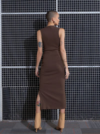 SASSAFRAS Brown Rib Side Slit Bodycon Midi Dress